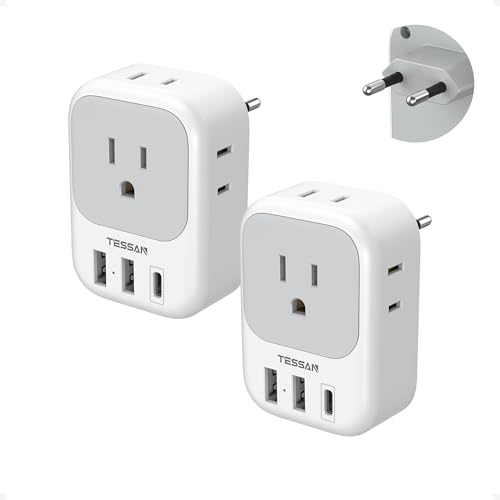 2 Pack European Plug Adapter USB C, TESSAN US to Europe Adapter 4 Outlets 3 USB Charger, Type C International Power Adaptor to Italy Spain France Portugal Iceland Germany, Europe Travel Essentials ProductsLogo