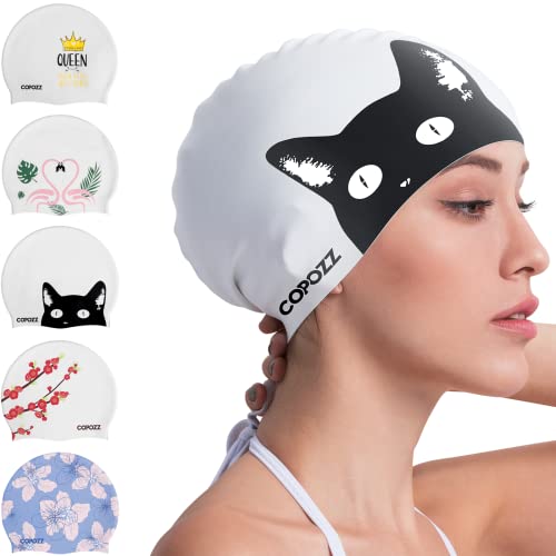 COPOZZ Adult Swim Caps, Silicone Waterproof Comfortable Swimming Cap for Women, Long and Short Hair(Black Cat-12yrs+) ProductsLogo