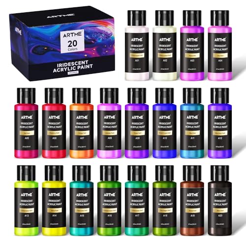 ARTME Iridescent Acrylic Paint Set, 20 Chameleon Colors in 2 oz/60ml Bottles, Color-shifting Acrylic Paint Perfect for Artists, Beginners on Canvas, Rocks, Wood, Fabric, Ceramic ProductsLogo