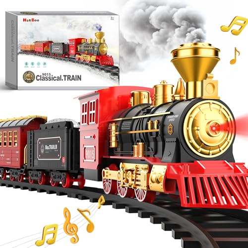 Hot Bee Train Set - Train Toys for Boys with Smokes, Lights and Sound, Toy Train Set for Under Christmas Tree, Toddler Model Trains for 3 4 5 6 7 8+ Years Old Kids Christmas Toys Gifts ProductsLogo