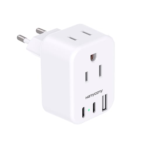 HANYCONY European Travel Plug Adapter USB C, International Plug Adapter, US to Europe Adapter Plug 2 Outlets 3 USB Ports(2 C Port), Type C Power Adapter to Italy Spain France Portugal Iceland Germany ProductsLogo