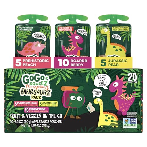 GoGo squeeZ Fruit & veggieZ Applesauce and Puree Variety Pack, Jurassic Pear, Roarrrr Berry & Prehistoric Peach, 3.2 oz (Pack of 20), Unsweetened Snacks for Kids, BPA Free Pouches ProductsLogo