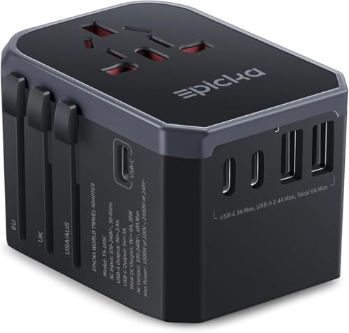 EPICKA Universal Travel Adapter, International Power Adapter with 2 USB-A & 3 USB-C Ports Wall Charger - Worldwide Travel Essentials, European Travel Plug Adapter for UK/US/AU (TA-105C, Black) ProductsLogo