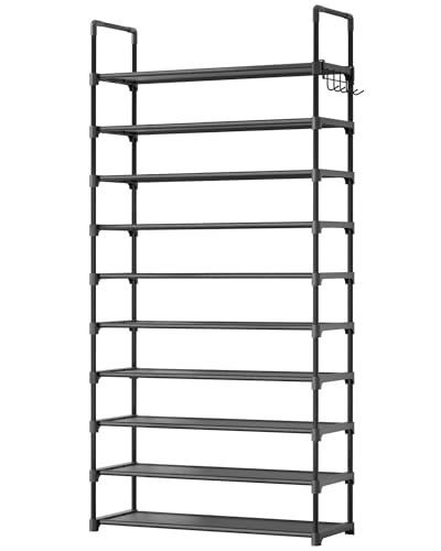 Kitsure Shoe Rack for Closet - 10-Tier Shoe Organizer with Hook Rack, Large-Capacity & Space-Saving Shoe Shelf for Entryway, Bedroom, Living Room,32.2" x 11.8" x 68.5", Black ProductsLogo