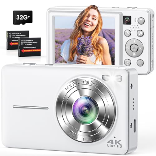 Digital Camera, 4K 64MP Cameras for Photography, Point and Shoot Digital Camera with Auto Focus, Dual Camera, Flash, 16X Zoom, Anti Shake, 32GB Card, Compact Vlogging Camera for Teens, Adults ProductsLogo
