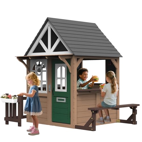 Seizeen Outdoor Play House for Kids, Fir Wooden Kids Playhouse Outdoor Indoor Cottage Toddler Playhouse with Kitchen, Dutch Door, Bench, Flowerpot Holders, Working Doorbell, Pet Hole, Clock ProductsLogo