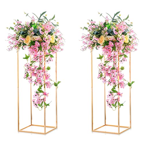 NUPTIO 2 Pcs Metal Flower Floor Vase Column Geometric Centerpieces Flower Stand for Tables, 31½ inch Tall Gold Flower Holder for Home Party Wedding Decorations, Rectangular Display Rack ProductsLogo