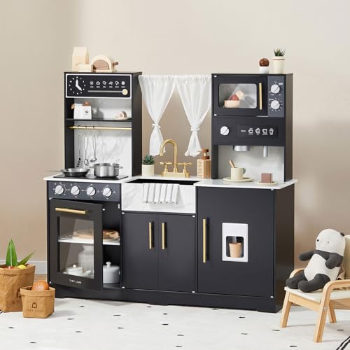 Tiny Land Play Kitchen for Kids, Wooden Play Kitchen Sets for Girls and Boys, New Modern Toddler Kitchen Toy Kitchen Designed in Trendy Home Style, Gift for Ages 3+ ProductsLogo