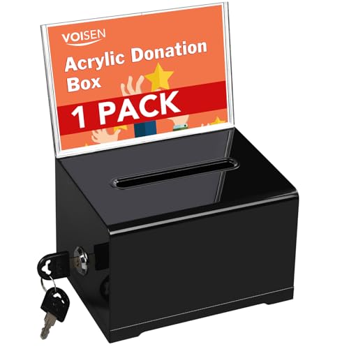 VOISEN Acrylic Donation Box with Lock, Black Tip Jar with Sign Holder, Suggestion Box for Fundraising, Donation, Bar, School Voting, 6.2x4.6x3.9 Inch ProductsLogo