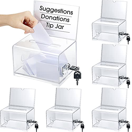 Chunful 6 Pcs Acrylic Donation Box with Lock and Sign Holder Clear Ballot Donation Boxes with Slot for Fundraising Suggestion Box Storage Container for Voting, Raffle Bowl, Tip Jar ProductsLogo