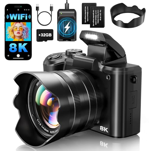 8K Digital Cameras for Photography - Autofocus 88MP WiFi Profession Camera with Dual-Lens - 16X Digital Zoom Photography Camera for YouTube with Lens Hood, Touch Screen, 2 Batteries & Charging Stand ProductsLogo