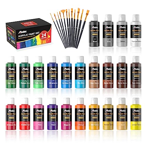 ABEIER Acrylic Paint Set, 24 Colors (60ml/2oz) with 12Paint Brushes, Non-Toxic, Waterproof, Strong Coverage for Kids Adults Beginners Students, Painting on Canvas Stone Wood Fabric Rocks Ceramic ProductsLogo