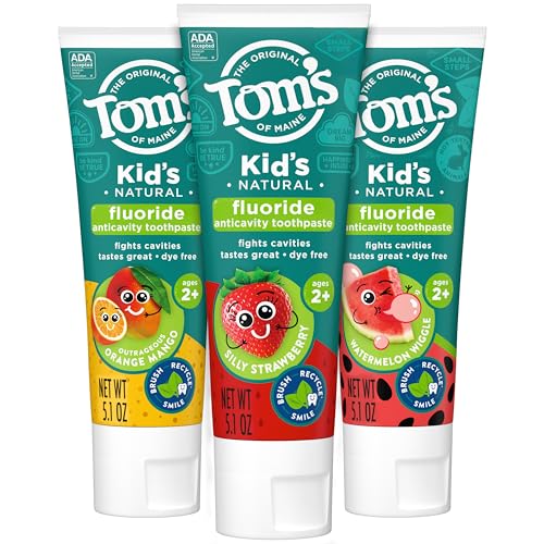 Tom's of Maine Anticavity Kids Natural Toothpaste Variety Pack, Strawberry, Orange Mango, Watermelon Flavors, Kids Toothpaste with Fluoride, Safe for Ages 2 and Up, 5.1 oz (Pack of 3) ProductsLogo