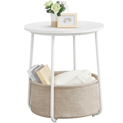 VASAGLE Small Round Side End Table, Modern Nightstand with Fabric Basket, Matte White and Camel Brown ULET223W10 ProductsLogo