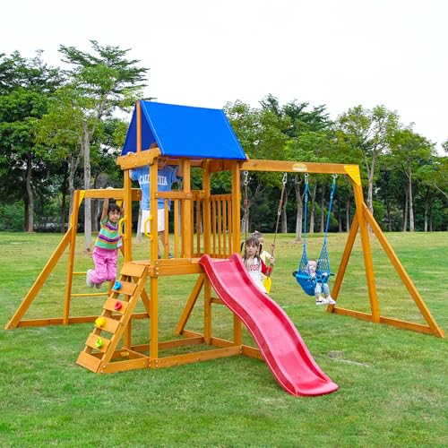 Suniboxi Swing-Sets with Monkey Bars for Backyard, Wooden Playground Set for Kids Ages 3-6, Outdoor Playset with Wave Slide, Play Deck, Rock Wall Ladder, Belt Swings & Canopy for Toddlers to Big Kids ProductsLogo
