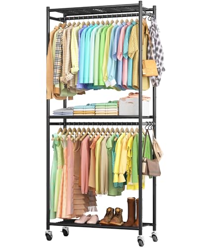 Sakugi Clothes Rack - 33.0" x 12.2" x 79.5" Clothing Rack with Shelves & Wheels, Multi-Functional Wardrobe Closet with Hooks, Sturdy Metal Garment Rack for Bedroom, Laundry, Balcony (Black) ProductsLogo