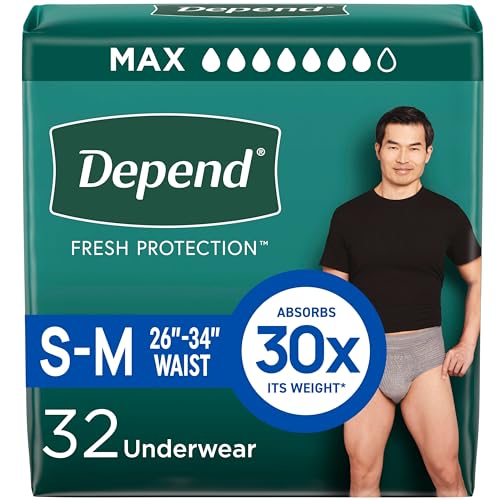 Depend Fresh Protection Adult Diapers, Incontinence Underwear for Men, Disposable, Maximum, Small/Medium, Grey, 32 Count, Packaging May Vary ProductsLogo