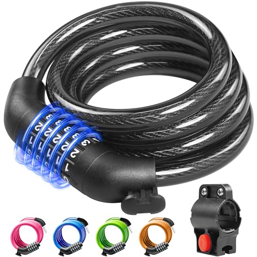 KEYSTP 5-Digit Bike Lock Cable, Heavy Duty Resettable Combination Bicycle Lock, Anti-Theft with Mounting Bracket, Waterproof Steel Cable for Scooters, E-Bikes, Outdoor Use, Black ProductsLogo