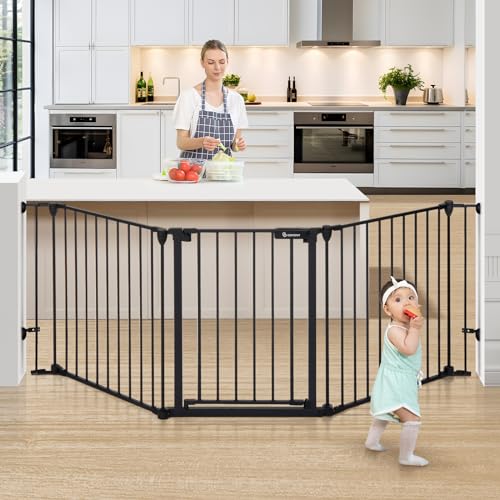 COMOMY 80" Extra Wide Baby Gate, Dog Gate for House Stairs Doorways Fireplace, Auto Close Pet Gate with Door Walk Through, 3 Metal Panels, Hardware Mounted Baby Fence Indoor Outdoor(30" Tall, Black) ProductsLogo