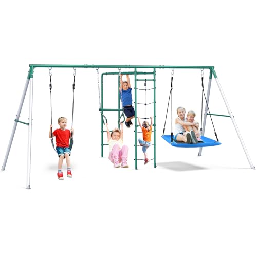 Hapfan Swing Sets for Backyard with Monkey Bars, Belt Swing, Platform Swing, Climbing Net, Trapeze Bar, Outdoor Playset for Kids ProductsLogo