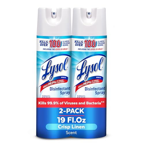 Lysol Disinfectant Spray, Household Essential Cleaning Supplies, Multi-Purpose Room Spray, Antibacterial Sanitizer Spray, Upholstery Deodorizer, Home and Bathroom, Crisp Linen,19 Fl Oz (Pack of 2) ProductsLogo