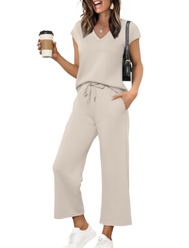 Saloogoe Workout Sets for Women 2 Piece Set Summer Travel Vacation Outfits Cozy Wide Leg Pants Comfy Business Casual Work Clothes V Neck T Shirts Airport Jogger Set Beige XL ProductsLogo