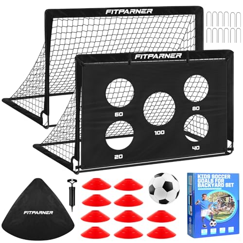 Kids Soccer Goals, 2 Pack 4x3 ft Soccer Nets for Kids Age 3-5 6-8 8-12 10-12-14, Backyard Training Equipment Set with Target, Ball, Cones for Goal Practice,Outdoor Game, Ideal Gift ProductsLogo