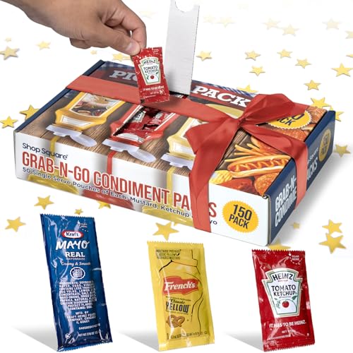 Grab-n-Go Condiment Packs - 50 Single Serve Pouches of Each: Ketchup, Mustard, and Mayo - 150 Pack, Dispenser Box, Great for Picnics, Boxed Lunch, BBQ, Travel, and Parties ProductsLogo