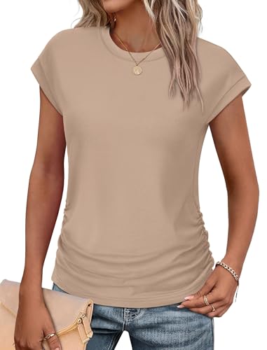 Short Sleeve Shirts for Women Plus Size Cap Sleeve Tops Trendy Summer Travel School Outfits for Teachers Workout Khaki XL ProductsLogo