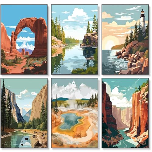6 Pack Paint by Numbers Kit for Adults Beginner, National Park Adult Paint by Number Kits on Canvas Without Frame, National Park Landscape Oil Painting by Numbers for Home Decor Gift 8” W x 12”L ProductsLogo