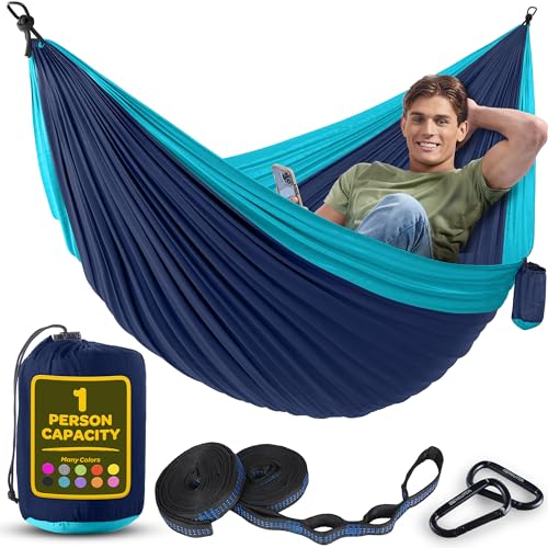 Durable Hammock 400 lb Capacity, Nylon Camping Hammock Chair - Double or Single Sizes w/Tree Straps and Attached Carry Bag - Portable for Travel/Backpacking/Beach/Backyard (Medium, Blue & Light Blue) ProductsLogo