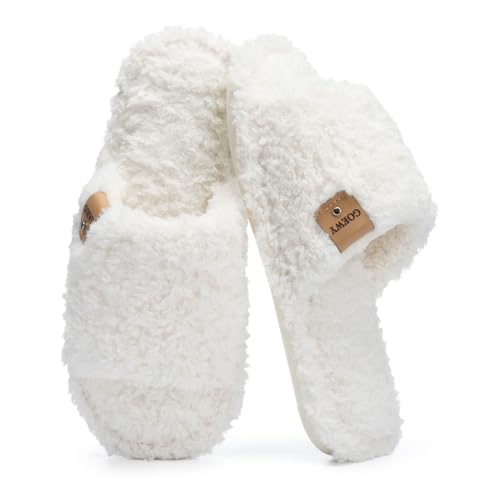 GOEWY Fuzzy Open Toe Slippers for Women Indoor Cozy Memory Foam Slip On House Slides Shoes Gifts for Womens Her Mom ProductsLogo
