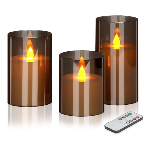 Flameless LED Candles with Remote Set of 3 Battery-Operated Acrylic Gray Pillars, 4", 5", 6" x 3" Diameter Flickering Effect with Timer Ideal for Home Décor Weddings Parties, Restaurants ProductsLogo