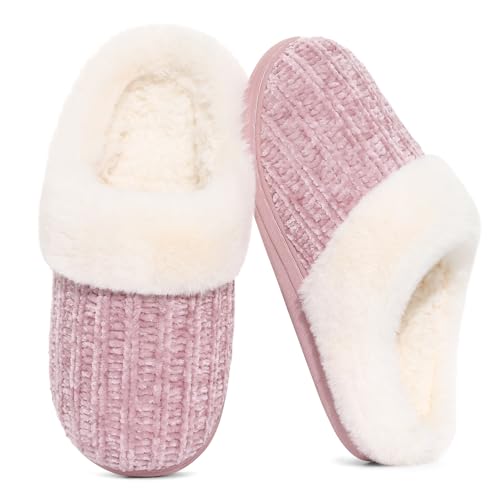 Evshine Women's Warm Chenille Knit House Slippers Comfy Memory Foam Winter Slippers with Faux Fur Collar and Indoor Outdoor Soles Pink, 40-41 (Size 8-9) ProductsLogo