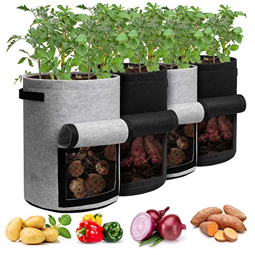 Homyhoo Potato Grow Bags with Flap 10 Gallon, 4 Pack Planter Pot with Handles and Harvest Window for Potato Tomato and Vegetables, Black and Gray ProductsLogo