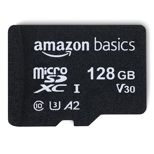 Amazon Basics Micro SDXC Memory Card with Full Size Adapter, A2, U3, Read Speed up to 100 MB/s, 128 GB, Black ProductsLogo