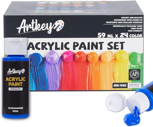 Artkey Acrylic Paint Set - 24 colors 2 oz/59 ml Acrylic Paints Professional Artists Painting Kit for Canvases Fabric Rock Leather Easter Egg Wood Ceramic Glass Art Craft Painting ProductsLogo
