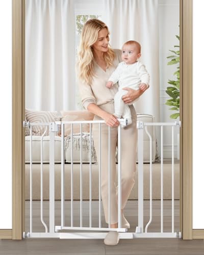 Cideny Baby Gate No Drilling, 29"-40" Auto Close Dog Gate Indoor for Doorways & Stairs, Pressure Mounted Adjustable Pet Gate, Easy Walk Through Child Gate for Children & Pets Stroller Friendly, White ProductsLogo