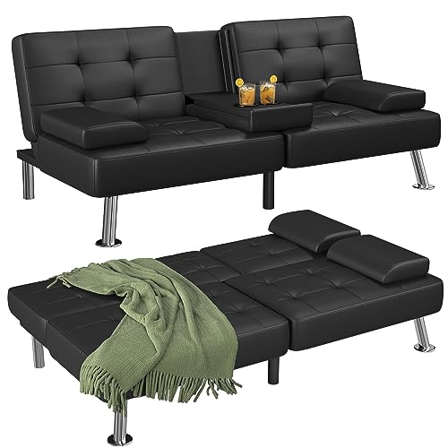 Flamaker Futon Sofa Bed Modern Folding Futon Set Convertible Recliner Lounge for Living Room with 2 Cup Holders, Removable Armrests (PU Leather, Black) ProductsLogo