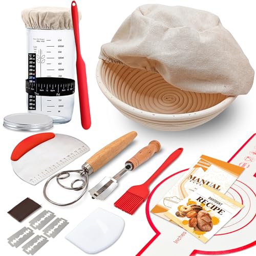 Complete Sourdough Starter Kit, Banneton Bread Proofing Basket with Glass Sourdough Starter Jar, Sourdough Bread Baking Supplies, 9'' Round Bread Proofing Basket, for Bread Making Baking Fermentation ProductsLogo