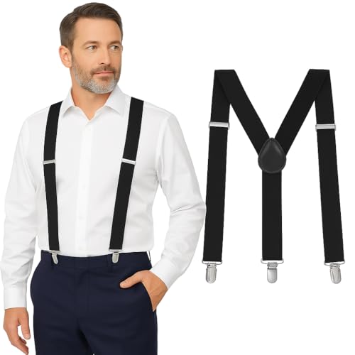 Black Suspenders for Men Heavy Duty - Adjustable 1” Y-Back Men's Suspenders for Dress Pants | Strong Metal Clips, Durable Elastic Straps, Leather Reinforcement - Comfortable, Formal, Everyday Wear ProductsLogo