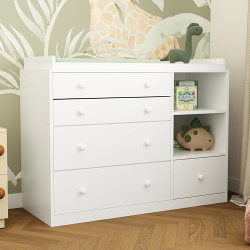 Timechee Changing Table Dresser, Baby Classic Nursery Dresser with 5 Drawers and 2 Shelves, Multi-Functional Baby Changing Table, Diaper Changing Station for Children's Room, White ProductsLogo