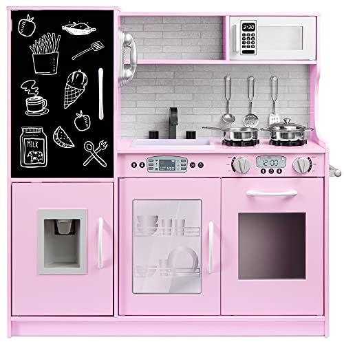 Best Choice Products Pretend Play Kitchen Wooden Toy Set for Kids w/Realistic Design, Telephone, Utensils, Oven, Microwave, Sink - Pink ProductsLogo