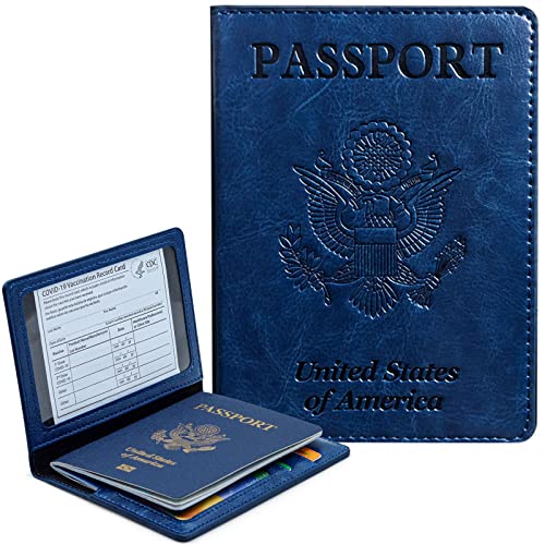 Passport Holder Cover Wallet Case RFID Blocking Leather Card Slot Travel Accessories Documents Organizer Protector for Women Men, Navy Blue ProductsLogo