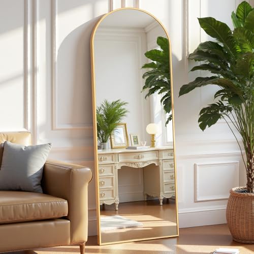 OLIXIS Arched Full Length Mirror 59"x16" for Bedroom, Full Body Mirror with Stand, Hanging or Leaning for Wall, Aluminum Alloy Thin Frame Floor Standing for Living Room, Tall, Gold ProductsLogo