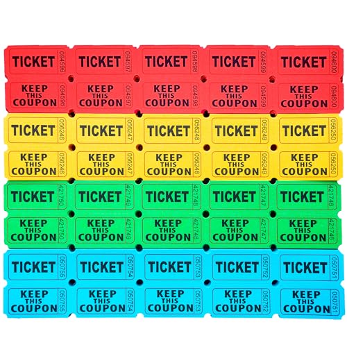 Homrelaxy 1000 Pairs 2000 Pcs Raffle Tickets, 50/50 Double Raffle Tickets, 250 Double Tickets Per Stack, for Events, Entry, Carnivals, and Door Prizes (Blue/Red/Green/Yellow) ProductsLogo