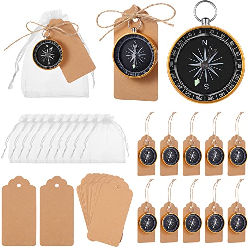 60 Pcs Compass Wedding Favors Set Mini Compass Souvenir Present Nautical with Kraft Tags and White Organza Bag for Guests Birthday Wedding Nautical Travel Party Souvenir Gift Favors (Gold) ProductsLogo