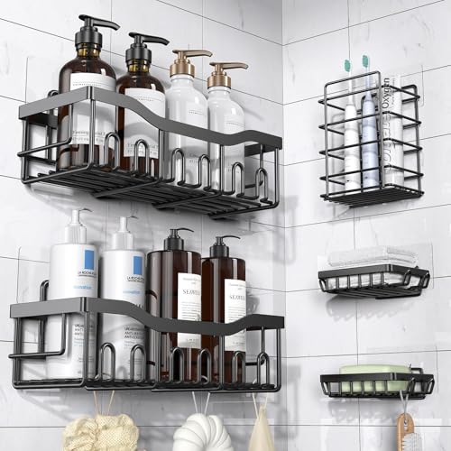 EUDELE Adhesive Shower Caddy, 5 Pack Rustproof Stainless Steel Bath Organizers With Large Capacity, No Drilling Shelves for Bathroom Storage & Home Decor-XL Size ProductsLogo
