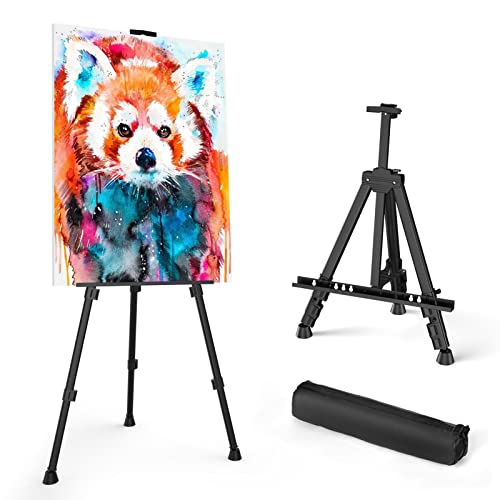 Art Painting Artist Easel Stand, Portable Adjustable Aluminum Metal Tripod Display Easel with Bag, Height from 17 to 66 inch for Table-Top/Floor Drawing and Displaying, Black ProductsLogo