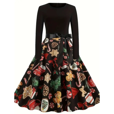 Christmas Santa Claus Print Dress, Vintage Crew Neck Long Sleeve Belted Dress, Women's Clothing ProductsLogo